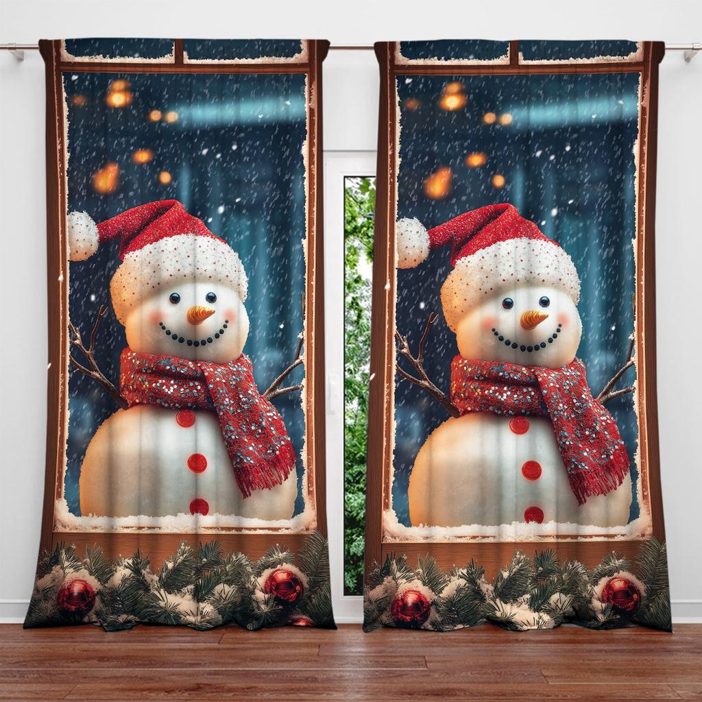 2pcs Christmas Snowman Outside The Window Printed Curtain for Home Decor - Rod Pocket Window Treatment for Bedroom, Office