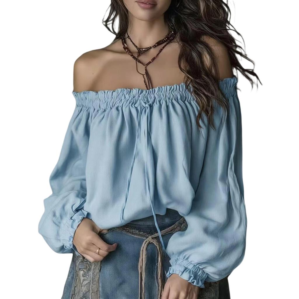 Women's Off-Shoulder Puff Sleeve Blouse with Elastic Neckline and Design Long Sleeve Fashion Top
