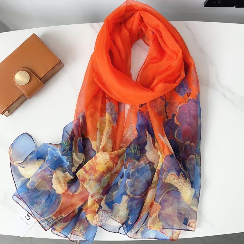 Classic Floral Silk Gauze Scarf - Versatile, Lightweight Sun Protection Shawl for Women, Ideal for Spring, Summer, and Autumn