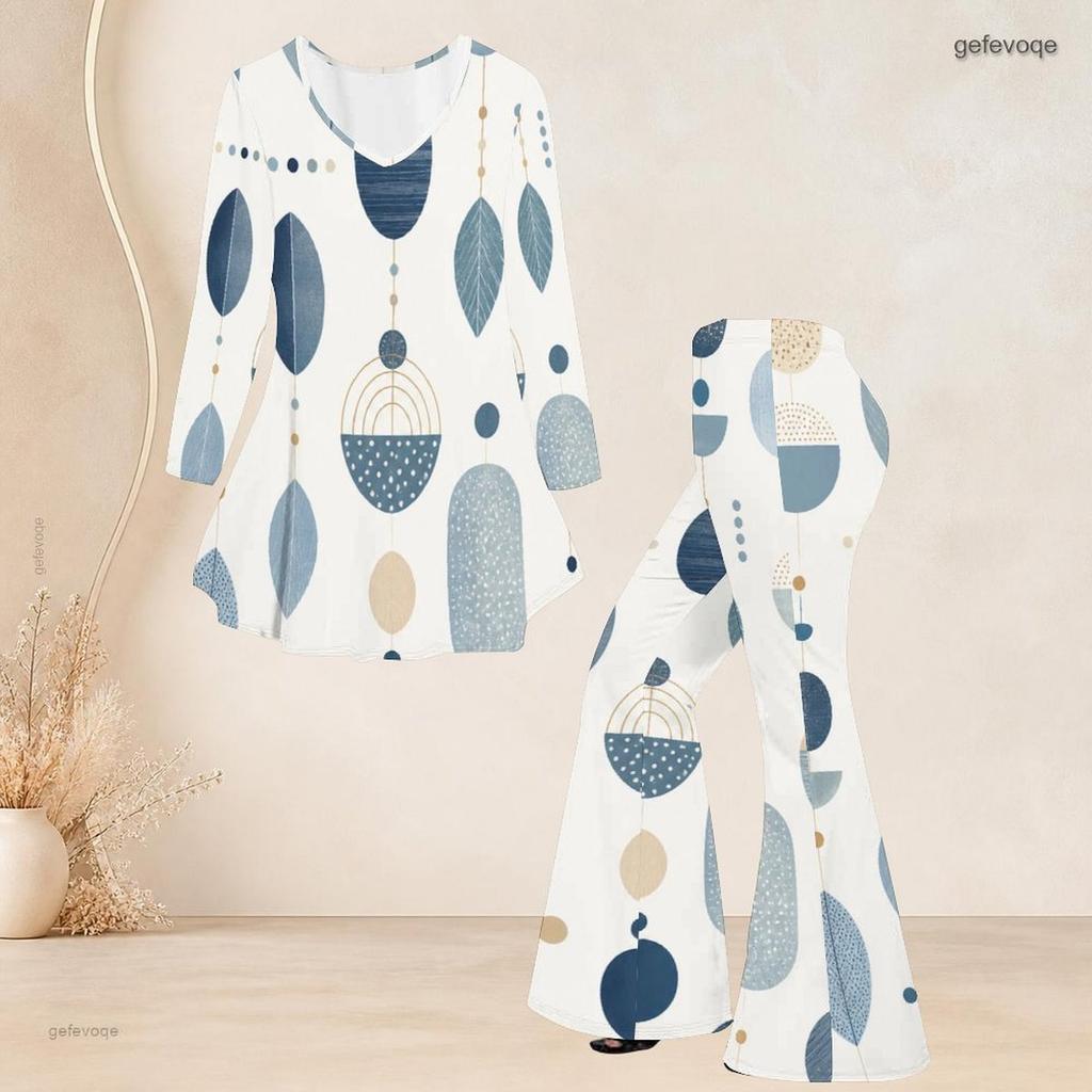 Women Plus Size Printed V Neck Three Quarter Sleeve Flared Top And Flared Pants Two Piece Set