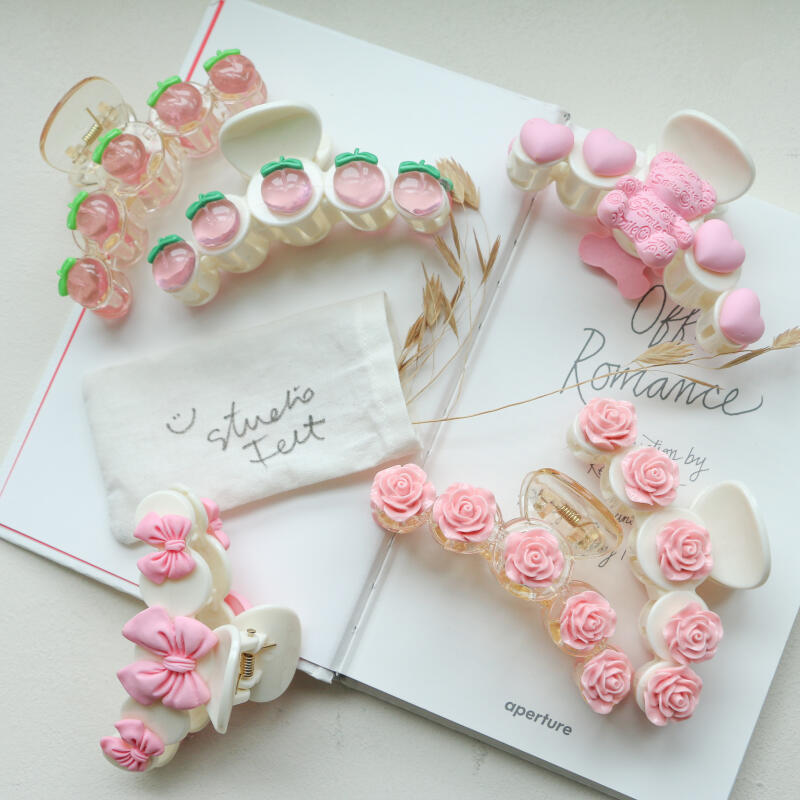 Peach Ribbon Hair Clip, Hair Clip, Fruit Hair Clip 4. Rose transparent