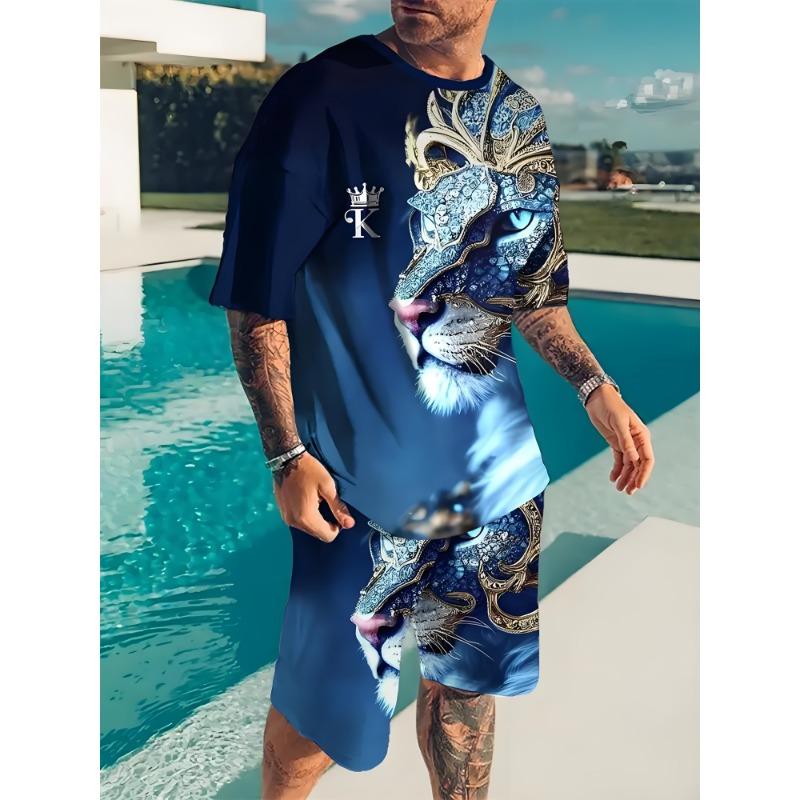 Modisches Löwen Tiger Tier Grafik T-Shirt Shorts Set Sommer Kurzarm Oberteil Kordelzug Shorts 2-teiliges Set Herren Sportbekleidung Anzug