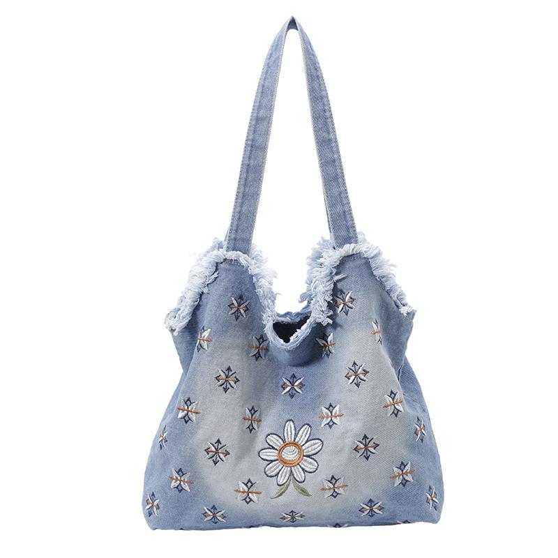Borsa a Tote in Denim Retrò Estiva con Ricamo di Margherita e Croce Bordo Frangiato Borsa a Spalla in Denim Lavato Borsa a Mano Casual Spaziosa