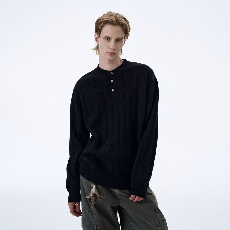 Kisko Autumn and Winter Retro Ribbed Henry Collar Base Knit Sweater for Men and Women, High-End Cleanfit Casual Top