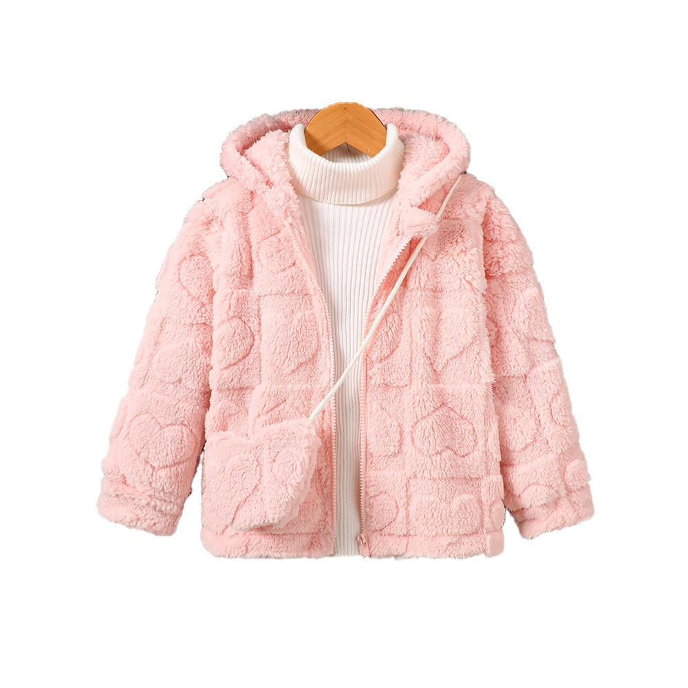 Children's Clothing New Autumn Winter Solid Color Heart Jacquard Hooded Plush Jacket for Girls