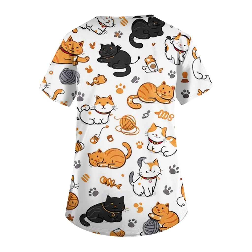 Women's Casual Short-Sleeve Cute Animal Print V-Neck Pocket Workwear Top