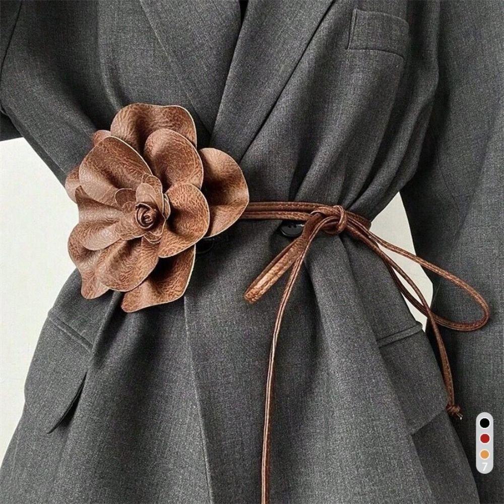 Floral PU Leather Flower Waist Chain Large Bohemian Waistband Leather Rope Belt  Dress Accessories