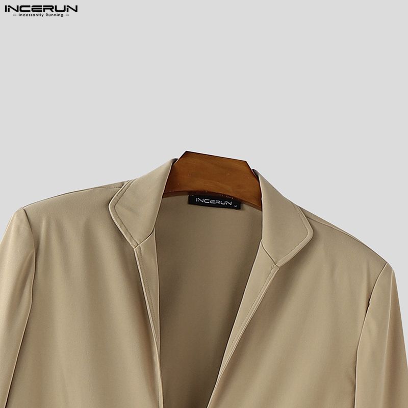 INCERUN Men Turn-down Collar Long Sleeve Button High Splits Long Cardigan Tunic Tops