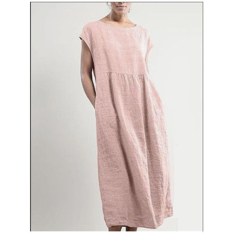 Women's Summer Dress Round Neck Short Sleeve Midi Dress Loose
