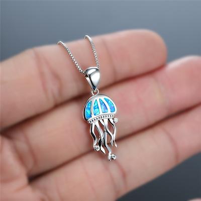Blue Fire Opal Jellyfish Pendant Necklaces For Women 925 Sterling Silver Animal Jewelry Female Chain Necklace Anniversary Gifts