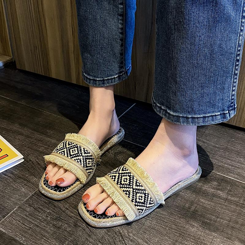 Fashion 2025 Summer Women Slippers Anti-Slip Home Slippers Lightweight Shoes Women Indoor Linen Slippers Soft Shoes Ethnic Style Sandals