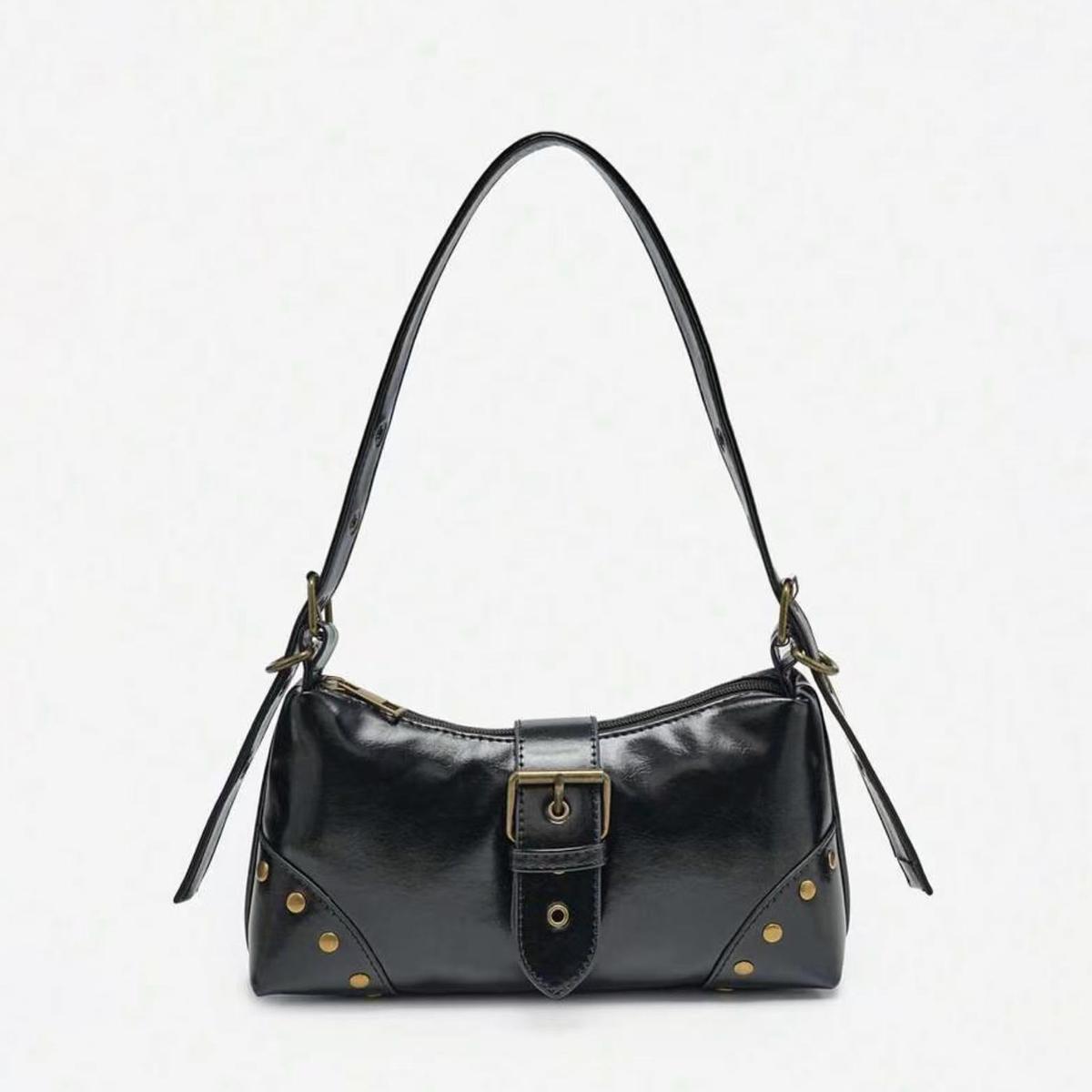

New Model Riveted Underarm Bag Retro Coffee Color French Toast Bag Y2K Spice Girl Style Buckle Shoulder Bag Small Handbag (20cm<Max Length<30cm) чёрный