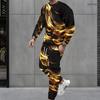 Herren Plus Size Schwarz Gold Bedrucktes Rundhals-Langarm-Oberteil mit Bündchenhose Zweiteiliges Set