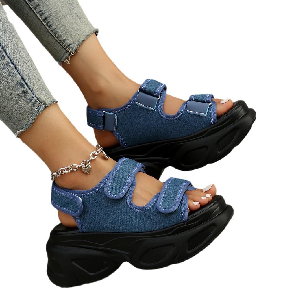 New casual sandals muffin Velcro large size foreign trade platform sandals denim women's shoes