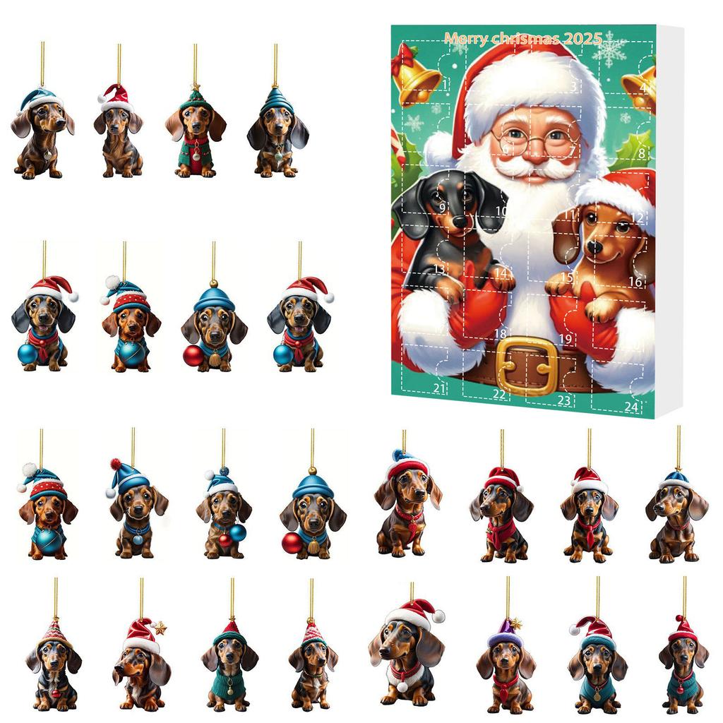 Christmas Advent Calendar with Santa Hats Hanging Dachshund Ornaments Mini Xmas Tree Dog Pendant for Holiday Backpack Ornaments