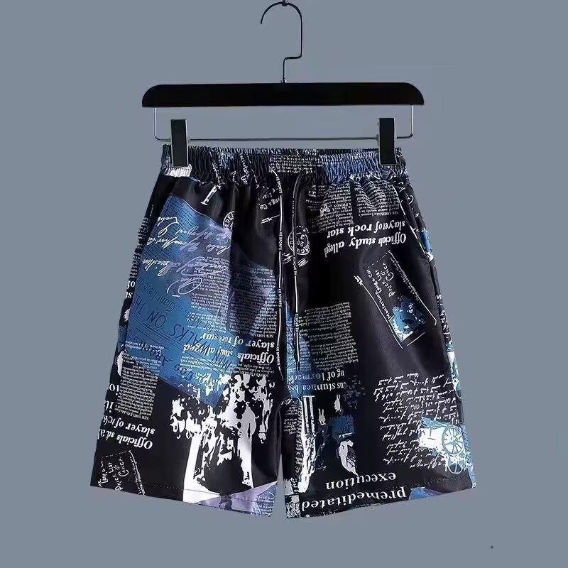 Men's Summer Japanese Trend Newspaper Print Shirt & Floral Beach Shorts Set