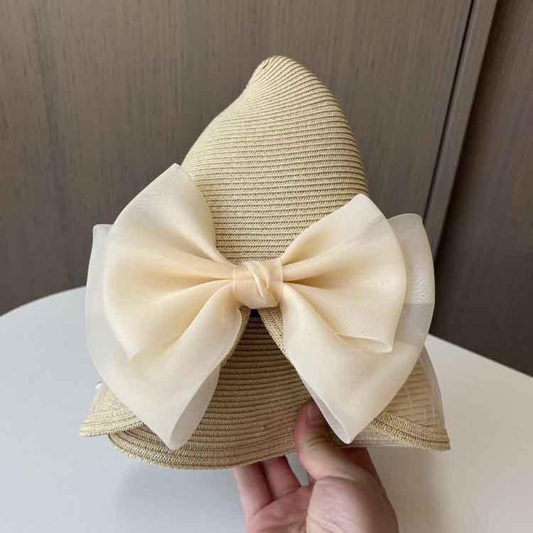 Lace Bead Split Bow Straw Hat Women's Summer Elegant Basin Hat Big Along Beach Sun Hat