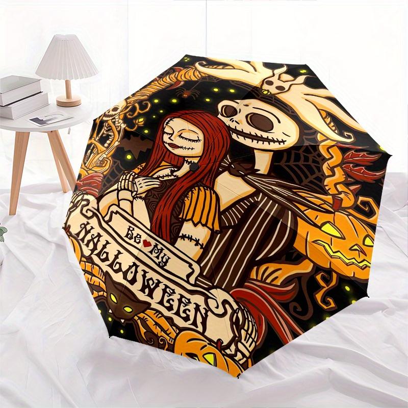 Jack Skellington, Sally Automatisches Öffnungs- und Schließschirm - 8 Speichen Tragbarer Faltregenschirm mit Kunststoffgriff, Geeignet für die Freizeit