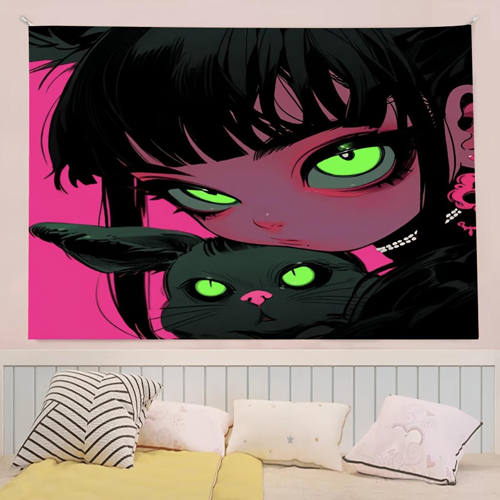 GreenEyed Girl and Cat Art Tapestry Unique Gothic Design for Modern Home Decor Adds Enchantment To Any Room