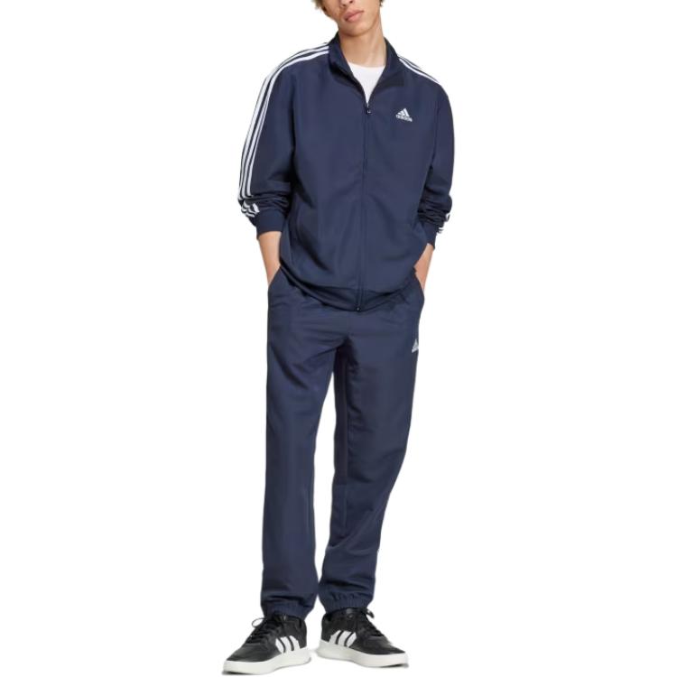 adidas Costum sport casual cu dungi, guler înalt, fermoar, mânecă lungă, talie elastică, manșete, costume bărbați, Albastru-Marin IY6656