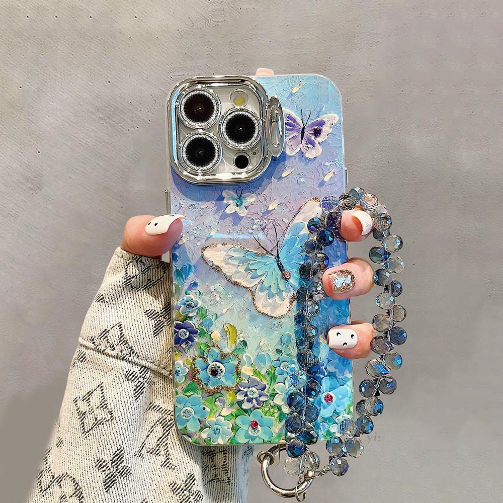 Invisible lens bracket protective film Phone Case For iPhone 15Pro Max 11 12 13 14 15 14 Plus 12pro 15pro Blue Flower Butterfly Pattern Back Cover