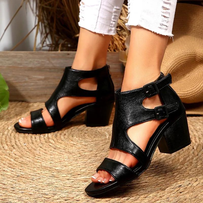 Shoes Female Sandal Large Size 2025  Open Toe High Heels Girls Low Big Gladiator Comfort New Fashion Peep Beige