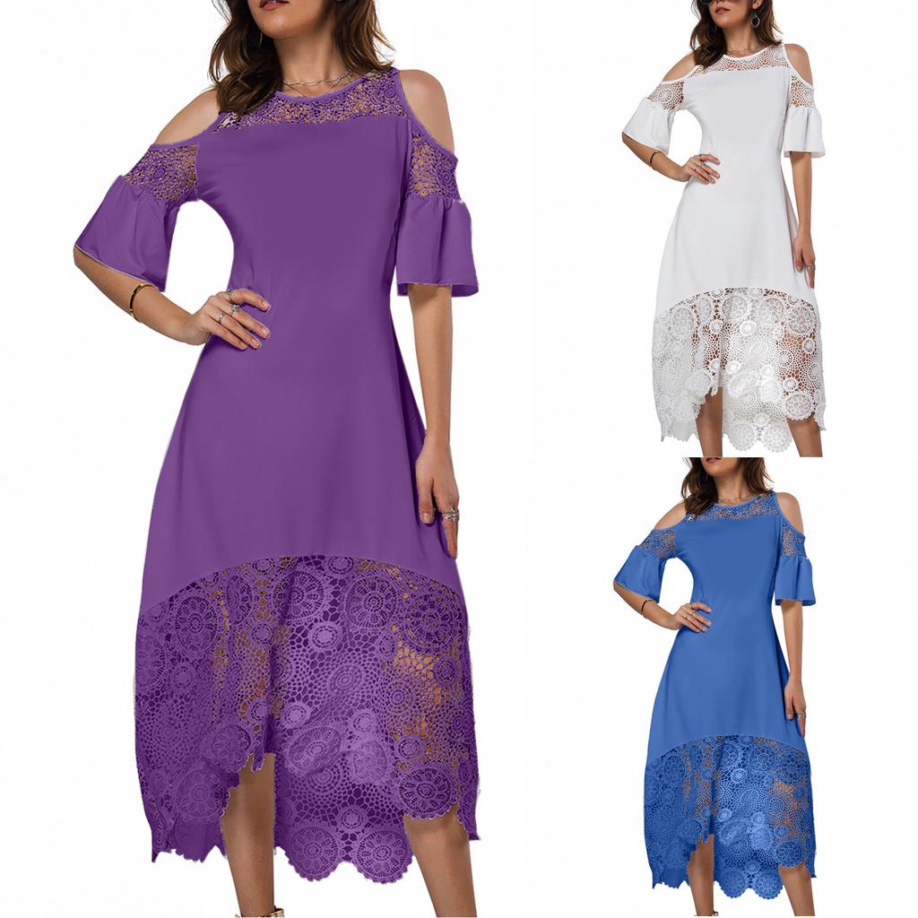 Women's Solid Color Lace Stitching Off-shoulder Short-sleeve  Waist Dress