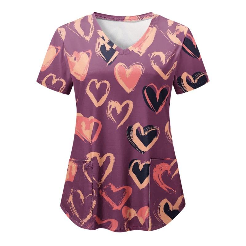 Toppar Dam Skrubb Sjuksköterska Tryck Kort Ärm Tecknad V-ringad Toppar Arbets T-shirts Hjärttryck Sjukvård Tunika Vårdare Arbetskläder Toppar