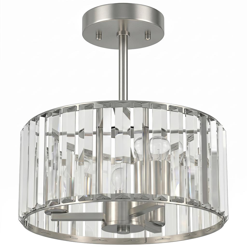 Semi Flush Mount Modern Crystal Chandelier Ceiling Light, Crystal Ceiling Light Fixture with E14 Base, Silver Tone
