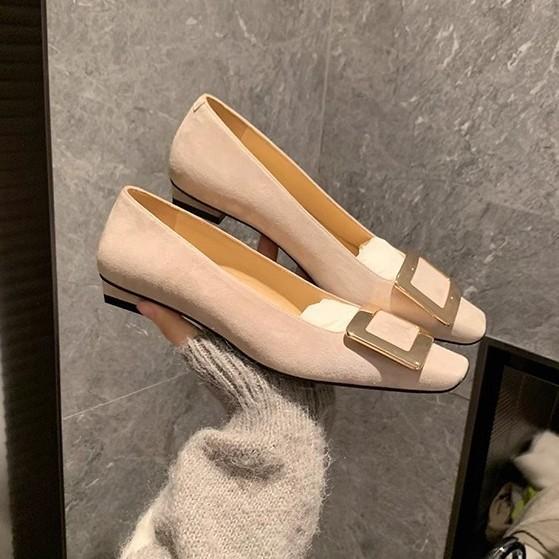 Grape Mom French Elegant Metal Square Buckle High Heels Small Thick Heel Shallow Mouth Square Head Flat Sole Single Shoes Versatile Femininity