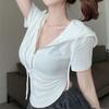 Breast V-neck Sweet Hottie Pure Desire Zipper Hooded Slim Slim Short Top Hem Irregular Short Sleeve T-shirt Women