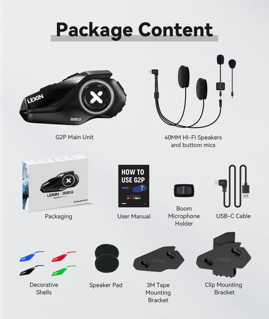 Lexin G2P Motorcycle Intercom Helmet Bluetooth Headsets,Handsfree Communicator Up to 6 Riders Interphone with FM Radio