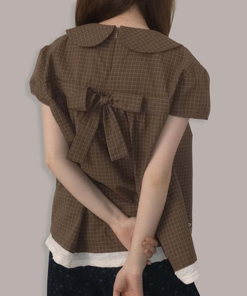 SOME PLACE Check Lace Contrast Sequin Star Print Frill Short Sleeve Blouse Shirt [Brown]