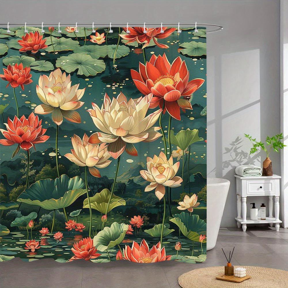 1 Tenda da Doccia Stagno di Ninfee - Fiori Vivaci Rossi Rosa Bianchi e Foglie Verdi su Superficie d'Acqua Scura, Giardino Tropicale Fantasia