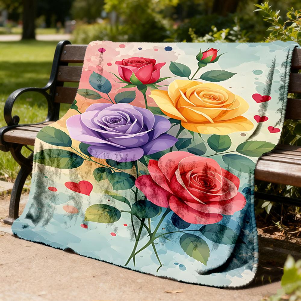 1pc Roses , Floral Outdoor Flannel Blanket Soft All Season Polyester Throw , Perfect for Picnics & Travel , Picnic Accessory