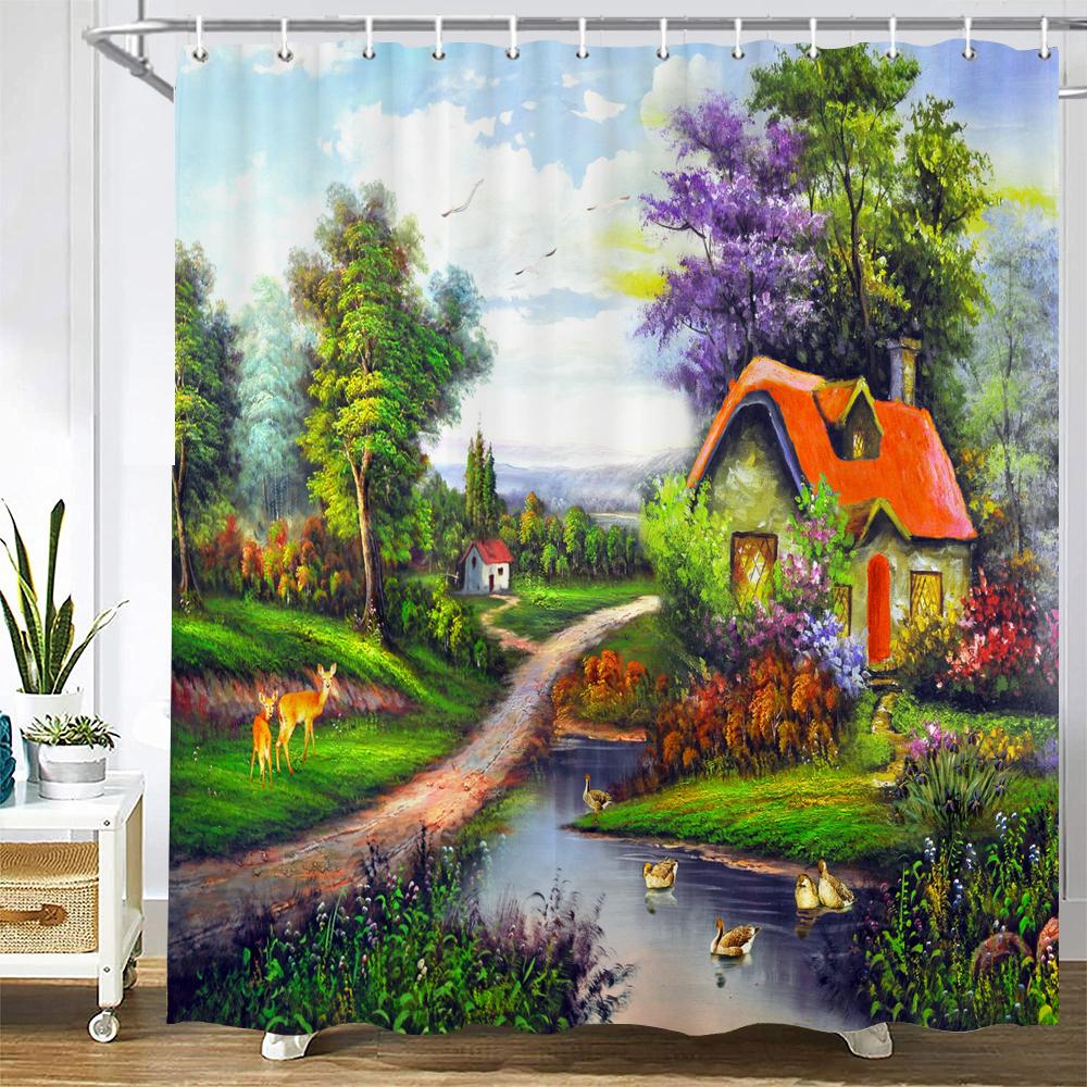 Natural landscape Shower Curtain Decor Waterproof Fabric Bathroom Curtains Painting Forest Seaside Scenery Bath Screen with Hook