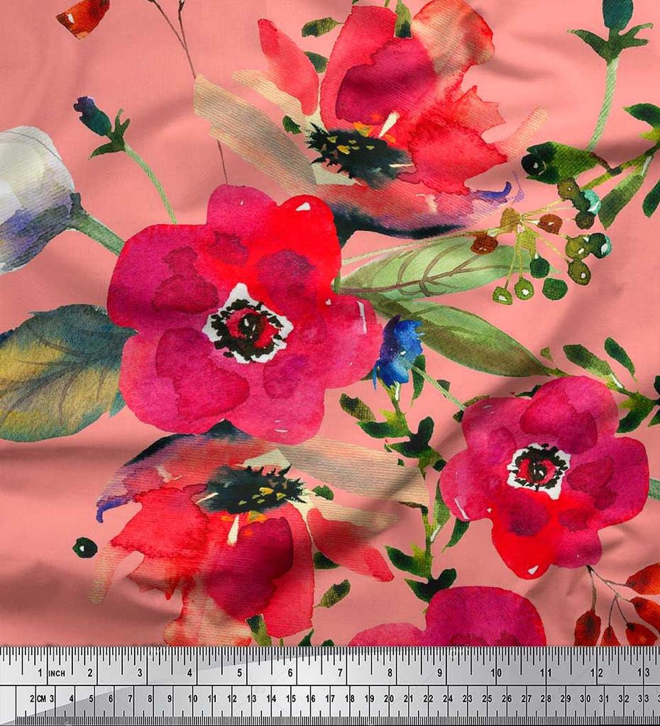 Soimoi Japan Crepe Satin Fabric Leaves & Poppy Flower Print Sewing Fabric Metre 42 Inch