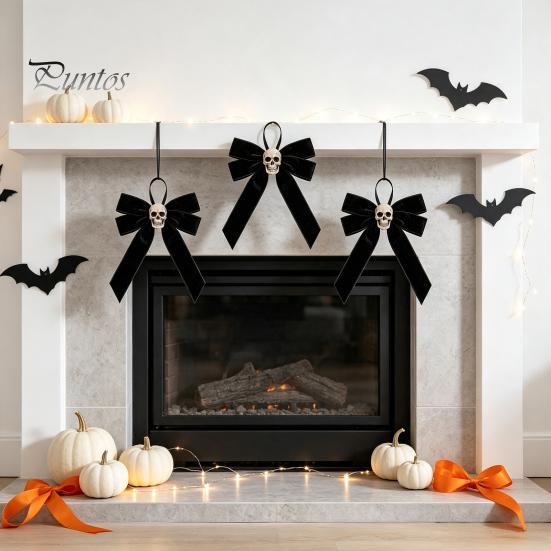Vintage Style Hanging Ornament Halloween Velvet Bows with Skull Ornaments for Tree Decoration, Black Bow Pendant Gothic Flannel Home Holiday
