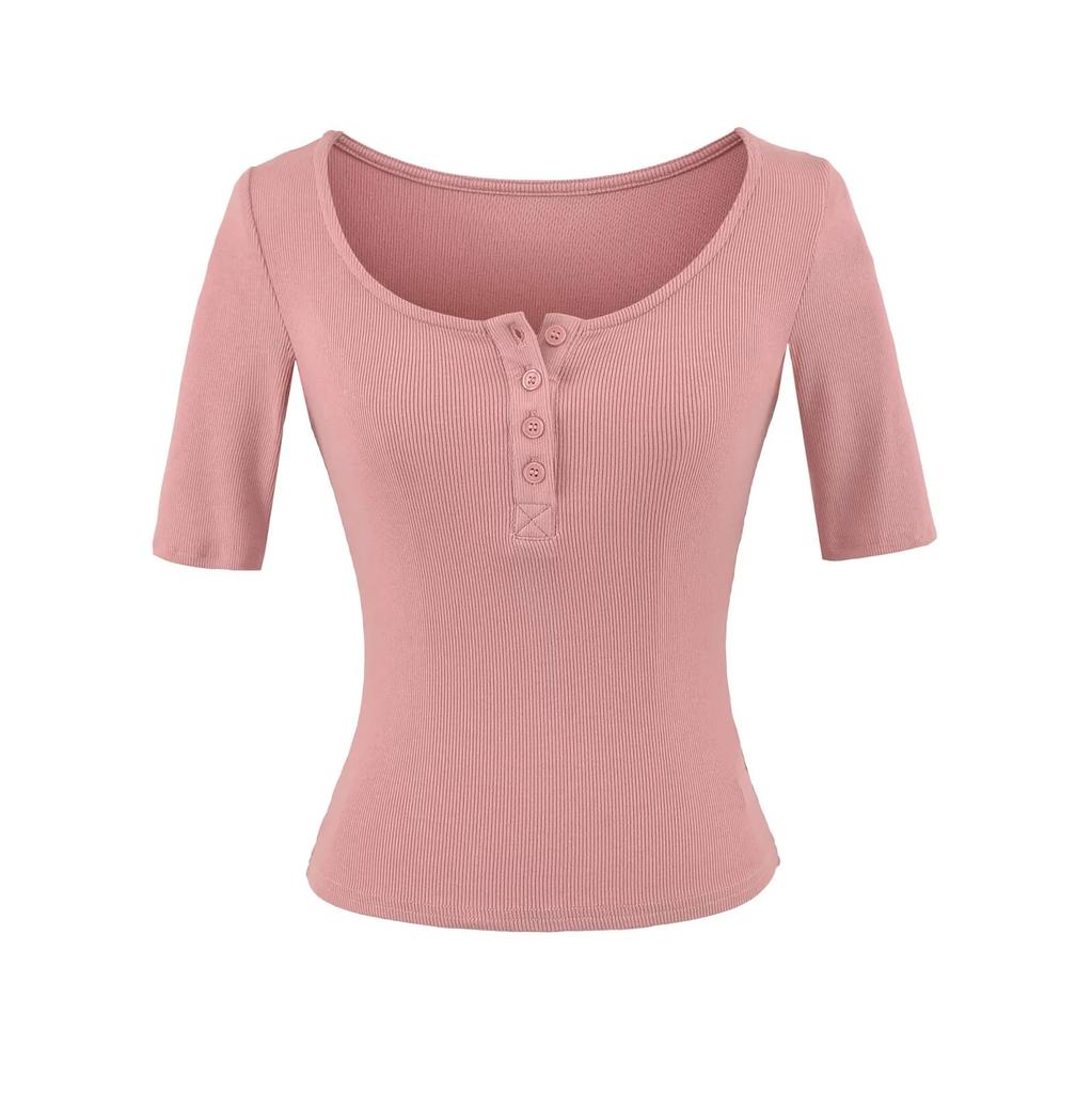 U-neck Button Mid-sleeved T-shirt Women's Summer New American Spice Girl Solid Color Slim-fitting and Thin Threaded Bottoming Top