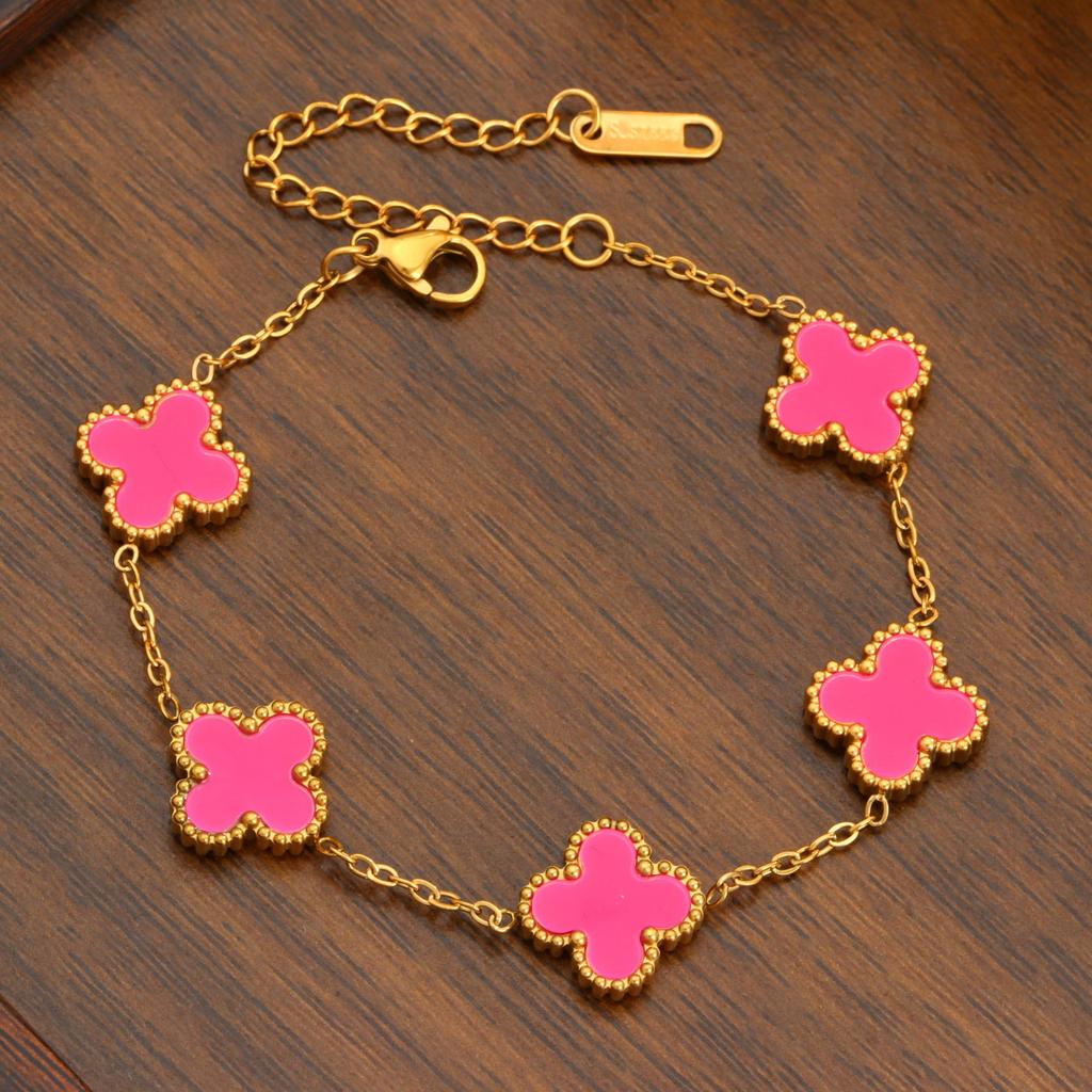 Stal Tytanowa Dwustronna Bransoletka Czterolistna Koniczyna Luksusowa Wykwintna i Modna Damska Bransoleta