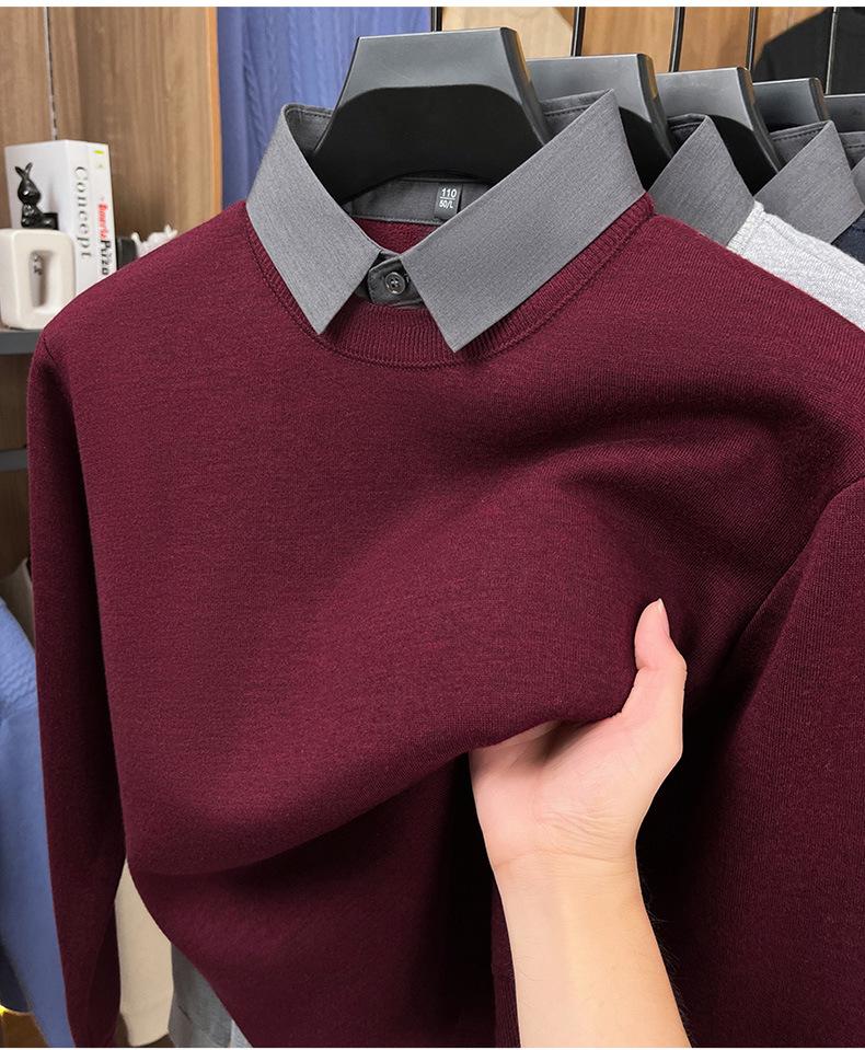 Men's Two-in-One Fleece-Lined Knit Sweater with Shirt Collar for Autumn/Winter