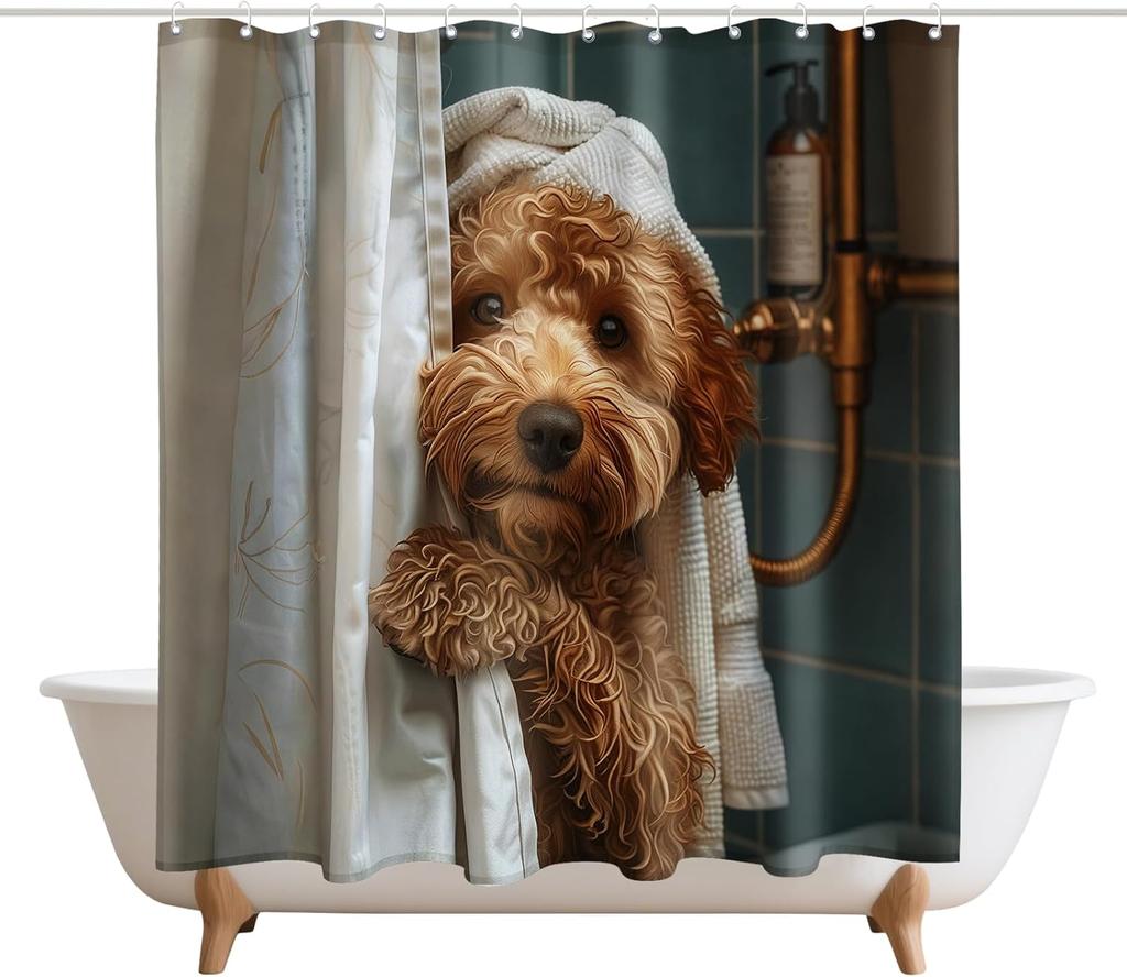 Cute Teddy Dog Shower Curtains Funny Dog Barn Door Decor Polyester Fabric Waterproof Bathroom Curtains Set with 12 Hooks