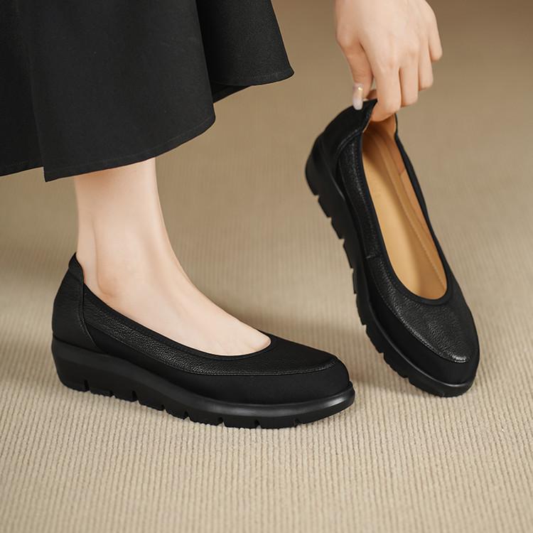 Color matching leather round head light mouth loafers women's 2025 new sheepskin mid-heel soft sole comfortable grandma shoes platform shoes