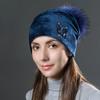 2026 Owl Rhinestones Hats for Women Winter Warm Plus Velvet Fashion Caps with Natural Fur Pompoms Female Skullies Beanies