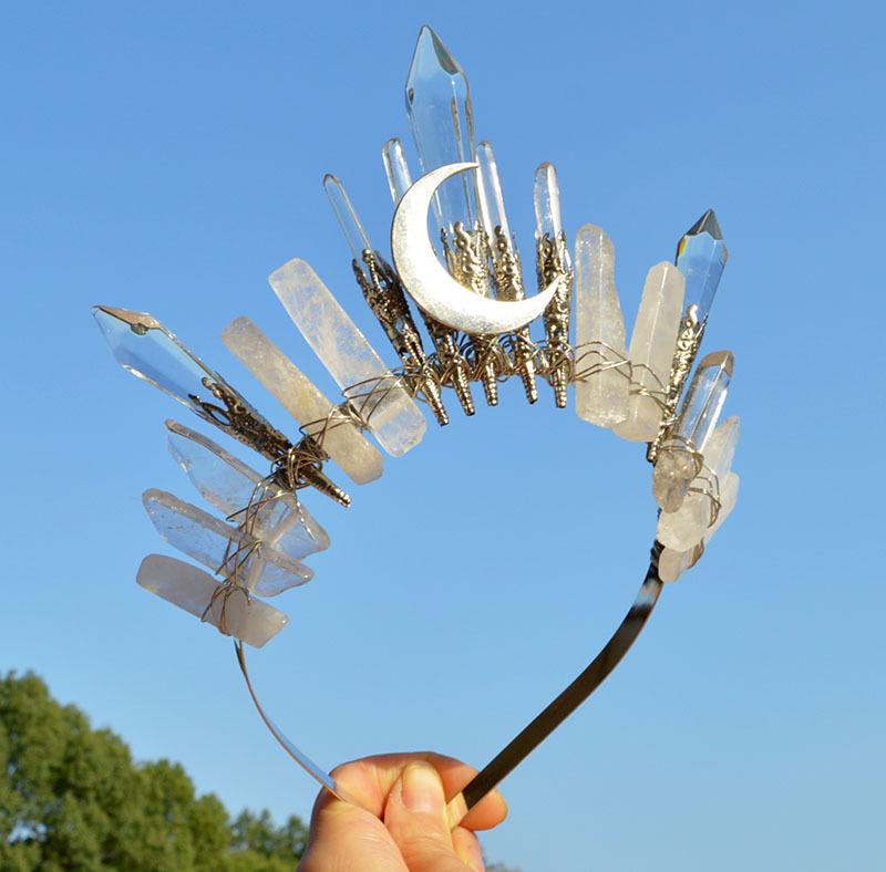 Retro Silver Moon Crystal Glass Crown Headband