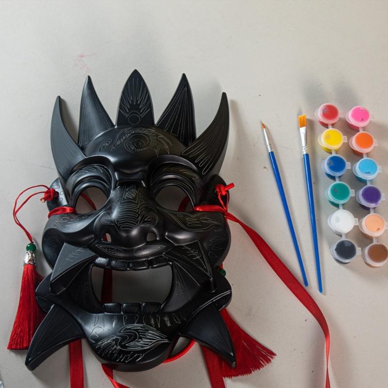 Blank Nuo Operas Mask with Pigment Drawing Brush Photo Ribbon Set DIY Unpainted Masquerade Mask Set Blank Paintable Mask