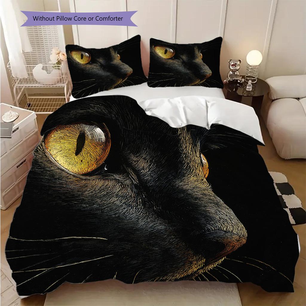 Black Cat Pattern Bedding Quilt Set Quilt Cover Pillowcase Home Decoration Birthday Gift (1 * Duvet Cover + 2 * Pillowcase, Without Core)