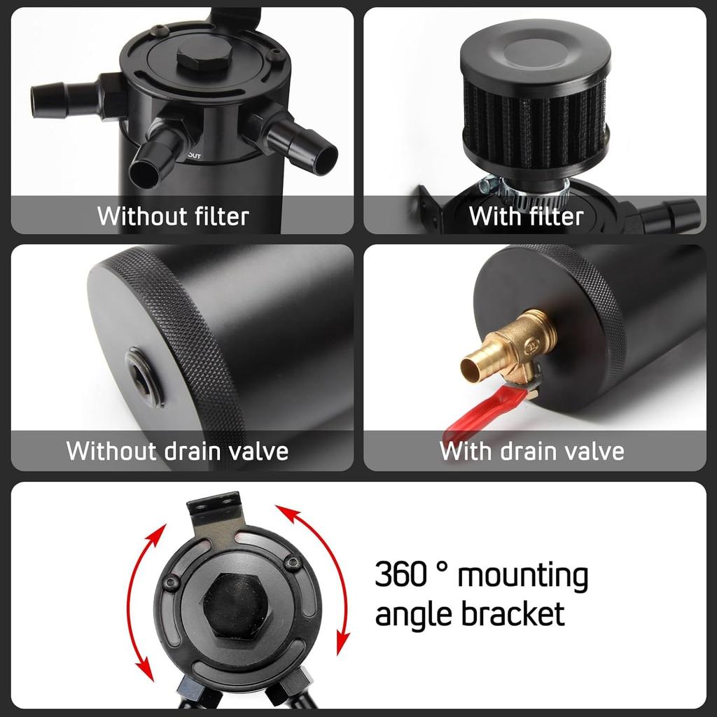 Universal 150Ml Car Oil Catch Can Kit Reservoir Tank, Compact Baffled 3-Port Oil Separator 2 Inlets 1 Outlet Black With Breather Filter + Drain Valve