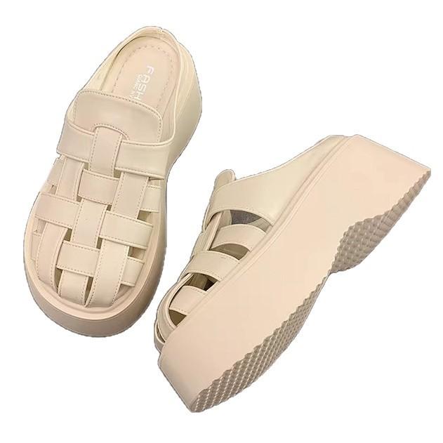 Fashion European Goods Heightening Woven Bag Head Half Slippers Women's Outer Wear 2025 New Small Thick-bottomed Beach Cool Slippers