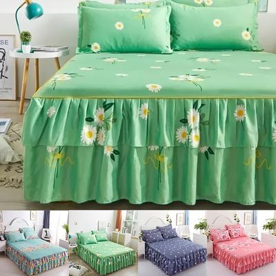 3PCS Bedding Set Bed Skirt Set(1xsheet+2 Pillowcase) Mattress Anti Slip Protective Cover Household Bedding Double Layered Skirt Dustproof Bed Covers